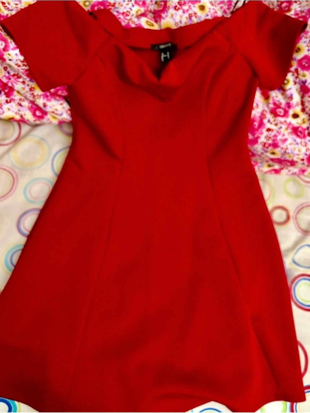 Forever 21 Red Off Shoulder Fit-and-Flare Formal Satin Structured Dress
